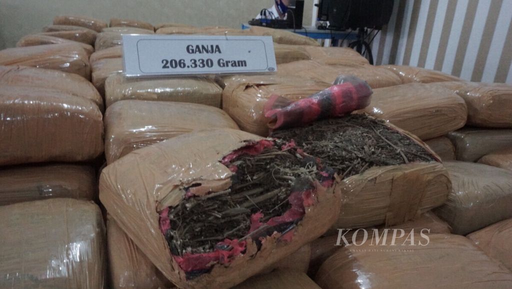 Petugas BNNP Lampung menunjukkan barang bukti berupa ganja seberat 206 kg saat ekspos di Bandar Lampung, Senin (24/8/2020)