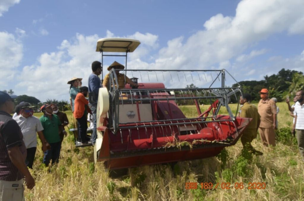 Panen padi menggunakan mesin di Desa Kandar, Kabupaten Kepulauan Tanimbar, Maluku, pada Juni 2020.