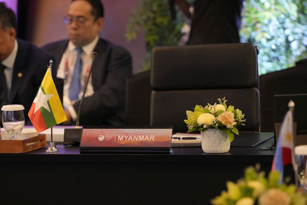 The seats prepared for the Myanmar delegation were seen empty at the Southeast Asia Nuclear Weapon Free Zone Commission meeting as part of the ASEAN Foreign Ministers' Meeting in Jakarta on July 11, 2023.