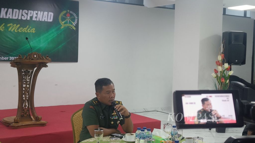 Kepala Dinas Penerangan TNI Angkatan Darat Brigadir Jenderal Hamim Tohari saat <i>coffee morning</i> bersama wartawan di Markas Besar TNI AD, Jakarta, Rabu (13/9/2023).
