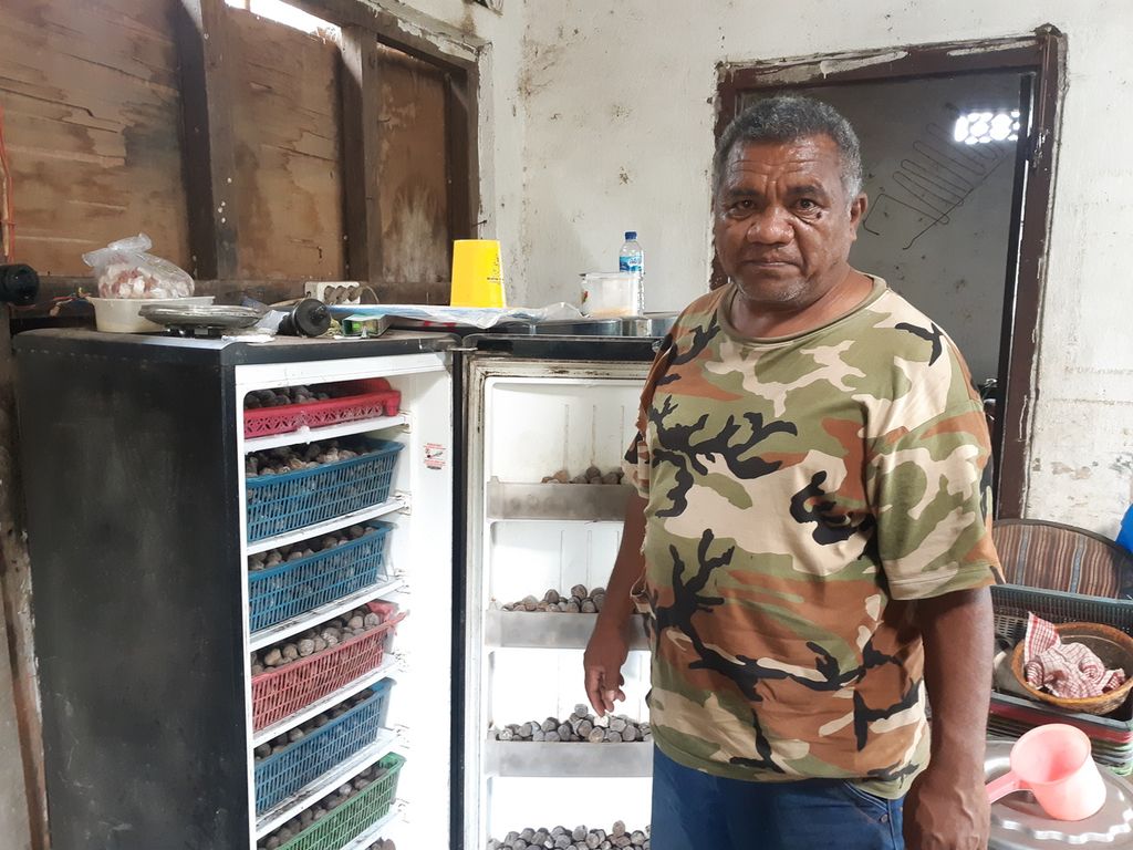 Ferdinandus Mudaj (52) shows a candlenut refrigerator in Boto village, Nagawutung District, Lembata Regency, East Nusa Tenggara on Saturday (28/1/2023). The cooling method is to make the hazelnut contents solid.