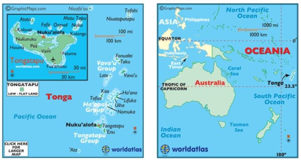 Peta lokasi Tonga di Kepulauan Pasifik Selatan (kanan) dan wilayah Tonga yang diperbesar (kiri)