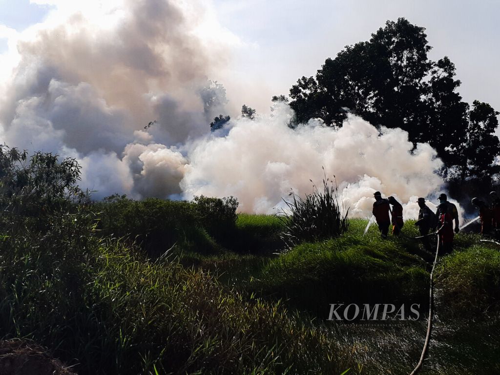 Petugas satgas penanggulangan kebakaran hutan dan lahan Sumsel memadamkan sebuah titik api di Desa Talang Pengeran Ilir, Kecamatan Pemulutan Barat, Kabupaten Ogan Ilir, Sumatera Selatan, Jumat (28/8/2020). Di sepanjang 2020, kebakaran lahan di Sumsel sudah menghanguskan 95,5 hektar lahan.