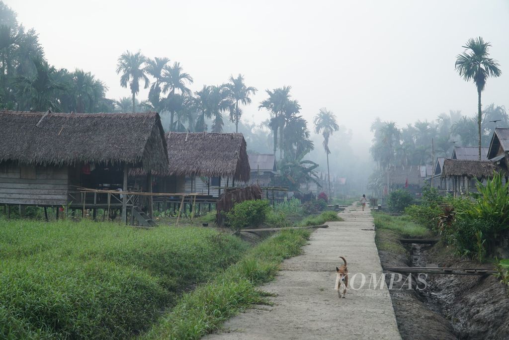 Suasana permukiman masyarakat suku Mentawai di pedalaman Pulau Siberut di Dusun Bekkeiluk, Desa Muntei, Kecamatan Siberut Selatan, Kepulauan Mentawai, Sumatera Barat, akhir September 2023.
