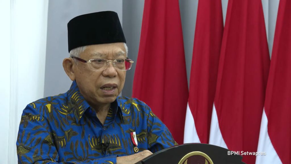 Wakil Presiden Ma’ruf Amin saat menyampaikan testimoni secara virtual pada acara pembukaan Monumen Pengabdian Dokter Indonesia, di Jakarta, Kamis (17/3/2022).