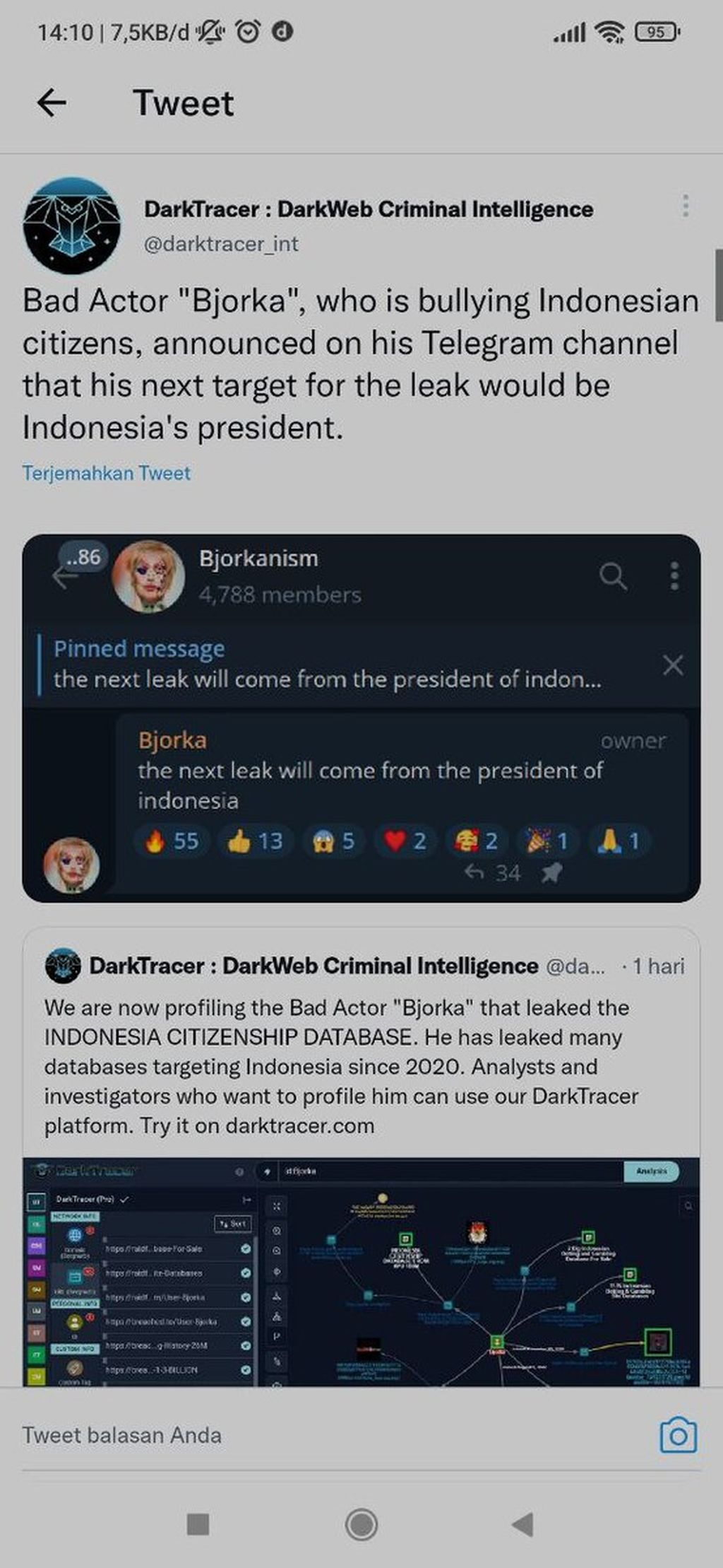 Tangkapan layar akun Twitter @darktracer_int, Jumat (9/9/2022). Akun itu mengungkapkan bahwa di grup Telegram Bjorkanism yang diikuti 4.788 peserta itu, dia mengumumkan bahwa target selanjutnya adalah meretas data pribadi Presiden Joko Widodo.