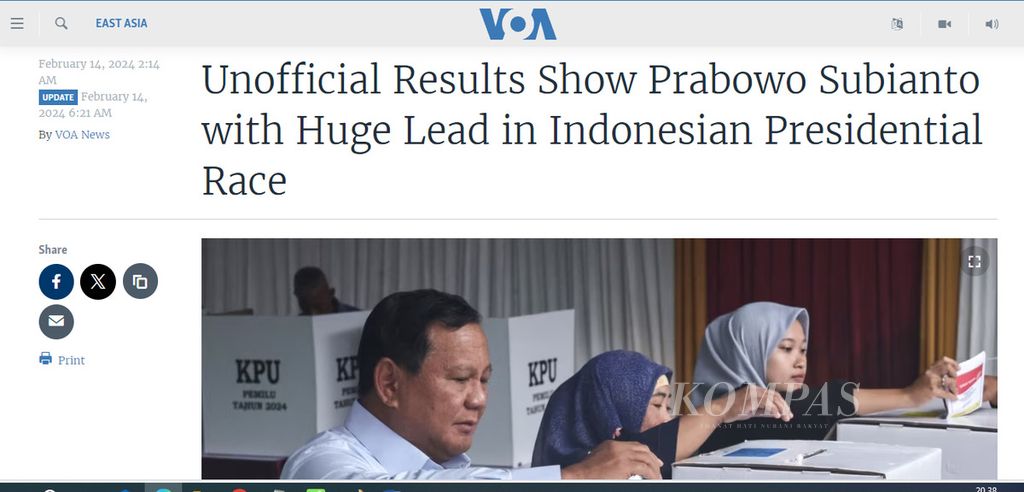 Laporan Voice of America tentang pemilu Indonesia, Rabu (14/2/2024). Banjir hingga nilai penting pemilu jadi laporan berbagai media asing.