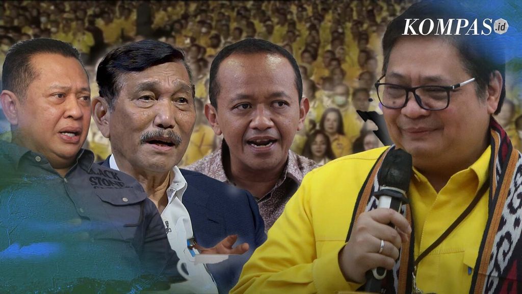 Foto tiga politisi Golkar yang siap menjadi ketua umum Golkar, yakni Bambang Soesatyo, Luhut Binsar Pandjaitan, dan Bahlil Lahadalia, serta Ketua Umum Golkar saat ini, Airlangga Hartarto, (dari kiri ke kanan). 