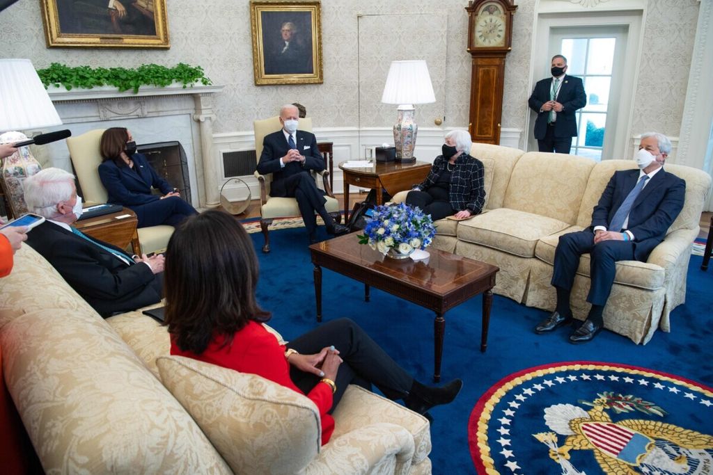 US President Joe Biden sat alongside Vice President Kamala Harris (second from left) and US Treasury Secretary Janet Yellen (second from right) during a meeting with business leaders, including Jamie Dimon (right), Chairman and CEO of JPMorgan Chase, regarding the Covid-19 relief bill in the Oval Room of the White House in Washington, DC, on February 9, 2021.