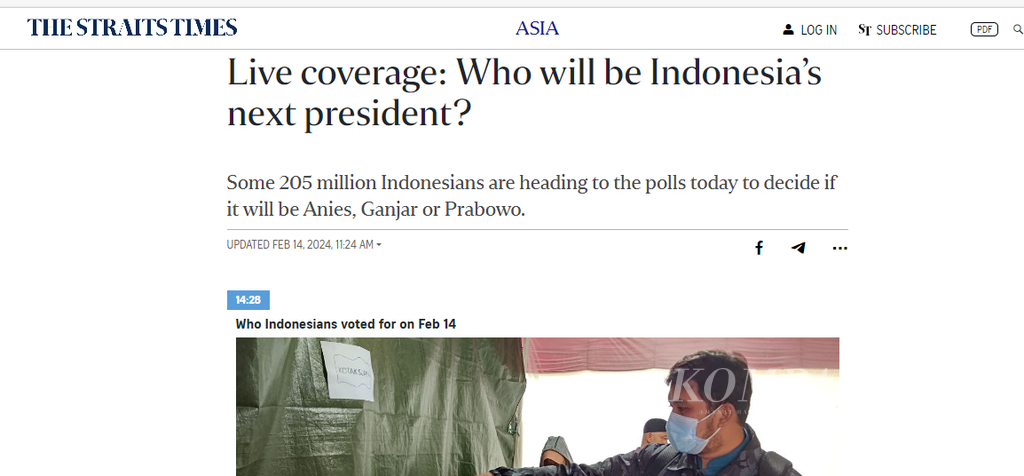 Laporan The Straits Times tentang pemilu Indonesia, Rabu (14/2/2024). Banjir hingga nilai penting pemilu jadi laporan berbagai media asing.