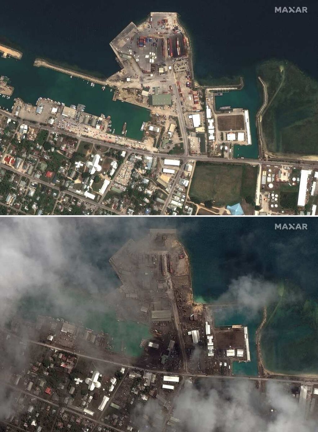 Dalam kolase foto ini terlihat kondisi pelabuhan Tonga pada 19 Desember 2021 (atas) atau sebelum erupsi besar Gunung Hunga Tonga-Hunga Ha'apai pada 15 Desember 2022 dan selepas erupsi (bawah). Erupsi gunung itu memicu gempa dan tsunami.