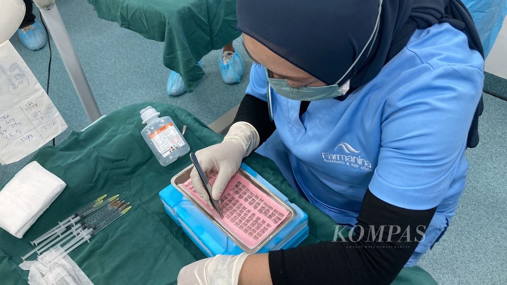 Tenaga kesehatan menyiapkan folikel rambut yang akan ditanam ke kepala pasien pada prosedur transplantasi rambut di Jakarta, Selasa (24/5/2022). Tranplantasi dengan teknik <i>direct hair implantation</i> (DHI) ini berkembang di Indonesia sejak 2016.