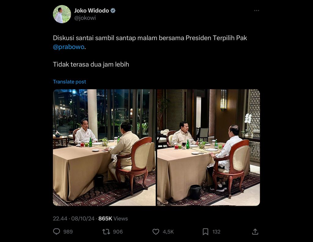 Unggahan Presiden Joko Widodo di media sosial X @jokowi, yang menunjukkan santap malam dengan presiden terpilih Prabowo Subianto pada Selasa (8/10/2024) malam.