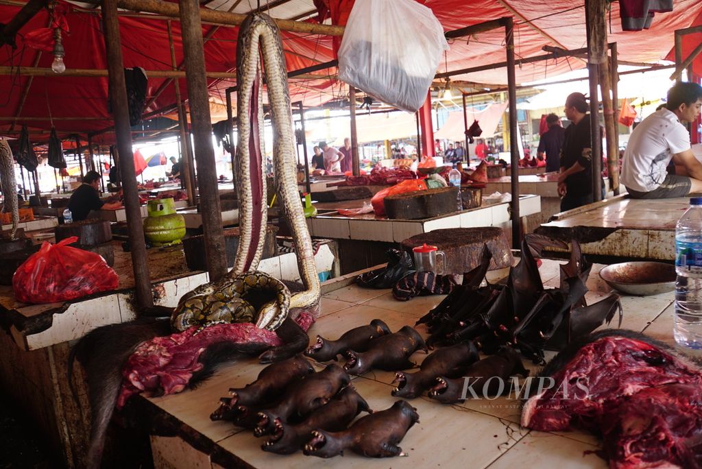 Berbagai daging hewan yang tak umum, seperti babi hutan, ular piton, dan kelelawar, dijual di Pasar Beriman Wilken, Tomohon, Sulawesi Utara, pada Selasa (25/7/2023). Pemerintah Kota Tomohon telah melarang penjualan daging anjing dan kucing sejak Jumat (21/7/2023) berdasarkan kesepakatan dengan sebuah lembaga swadaya masyarakat internasional.