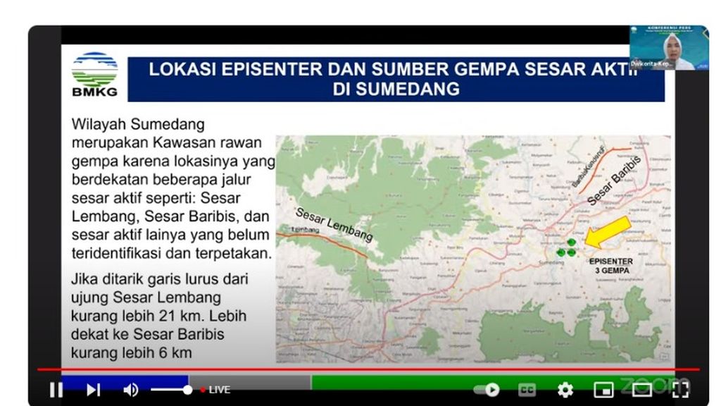 Kepala Badan Meteorologi, Klimatologi, dan Geofisika Dwikorita Karnawati memaparkan sejumlah informasi terkait gempa di Kabupaten Sumedang, Jawa Barat, Minggu (31/12/2023). Pemaparan itu berlangsung dalam konferensi pers daring.