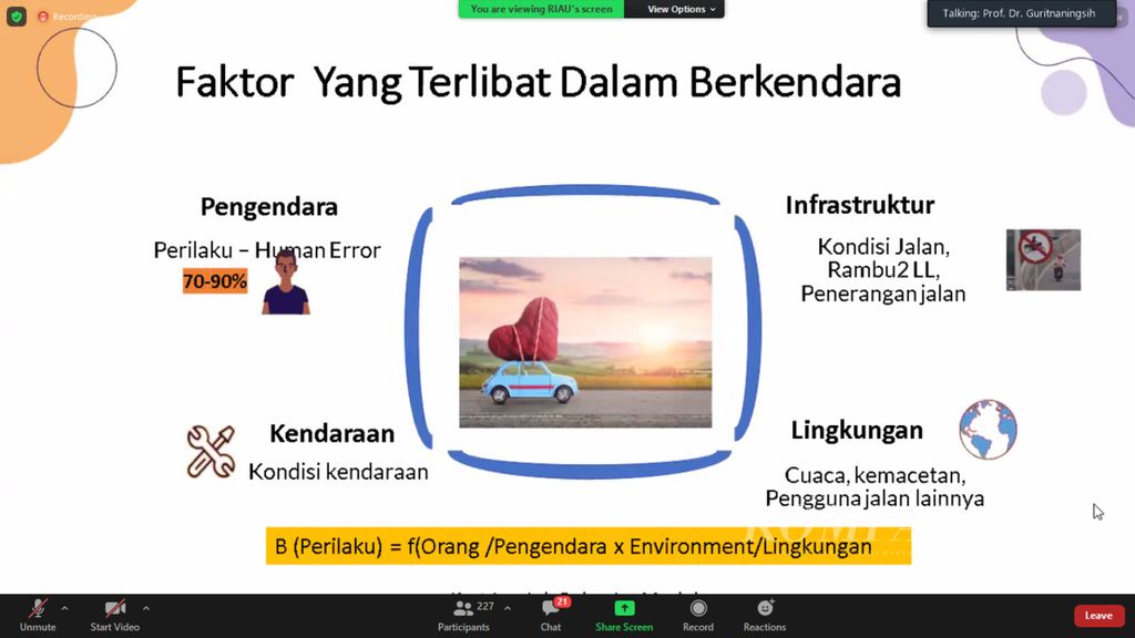 The factors involved in driving, as conveyed in the "Traffic Psychology Safety Campaign" held virtually in Jakarta on Thursday (24/3/2022).