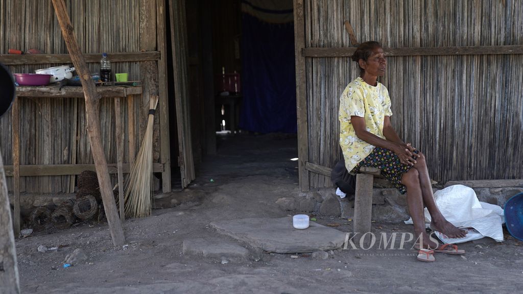 Maria Fatima menunggu truk tangki air datang untuk menyirami tanaman jagung di Desa Fatuketi, Kecamatan Kakuluk Mesak, Kabupaten Belu, Nusa Tenggara Timur, Rabu (16/8/2023). Sebagai salah satu petani di lahan <i>food estate</i>, ia harus menelan pil pahit karena tidak bisa menanam jagung pada musim berikutnya.