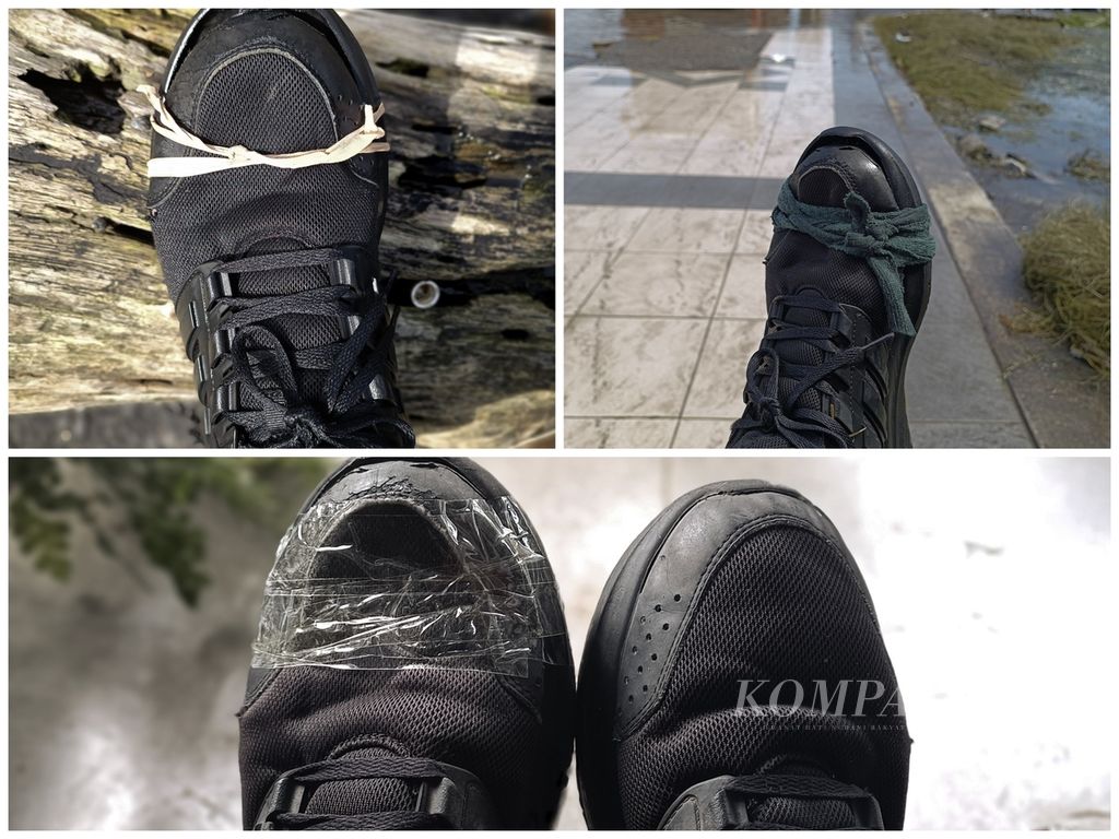 Kolase foto sepatu-sepatu yang jebol saat digunakan untuk meliput wilayah yang terendam rob.