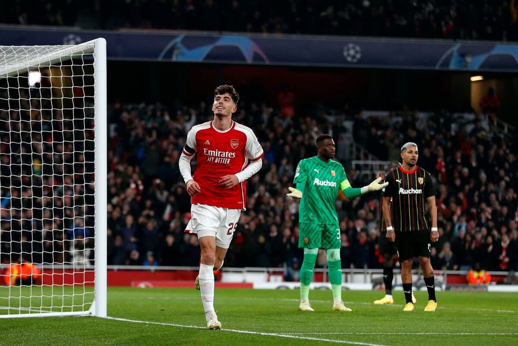 Gelandang Arsenal, Kai Havertz, merayakan gol yang dicetaknya ke gawang Lens saat laga Liga Champions, Kamis (30/11/2023) dini hari WIB.