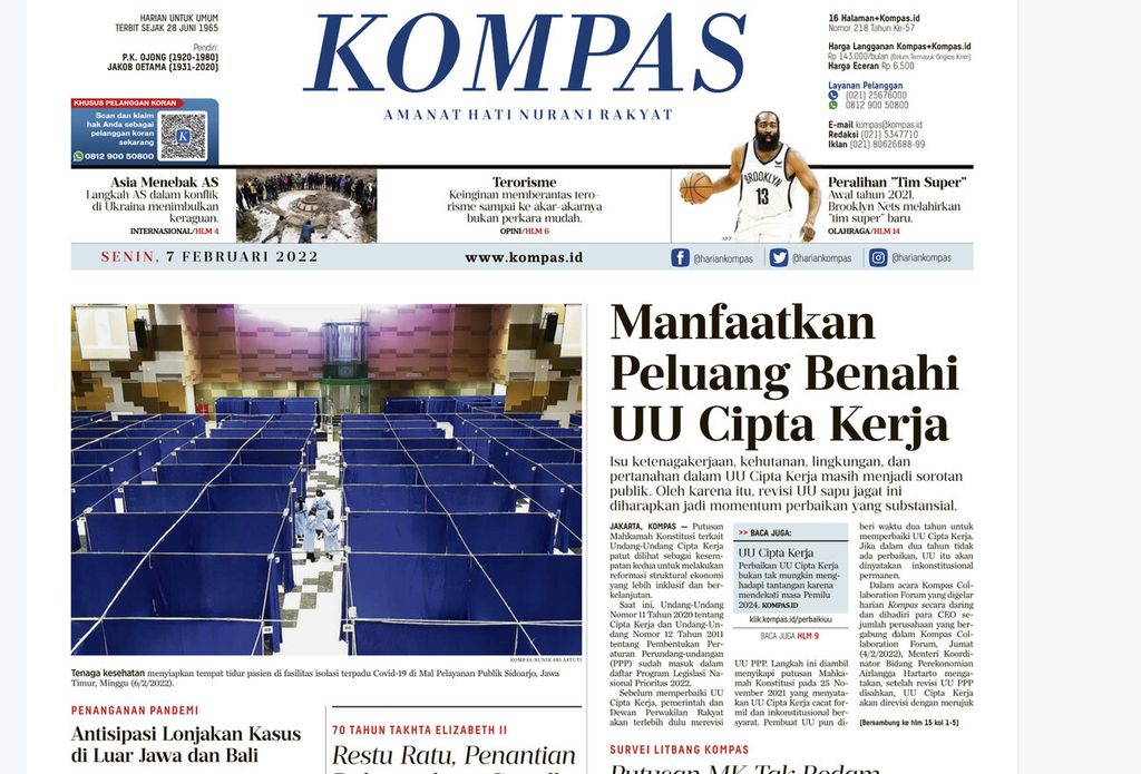 Halaman depan koran <i>Kompas</i> edisi 7 Februari 2022. Di era digital, jurnalisme dan surat kabar dinilai justru menjadi sangat penting melebihi era-era sebelumnya.   