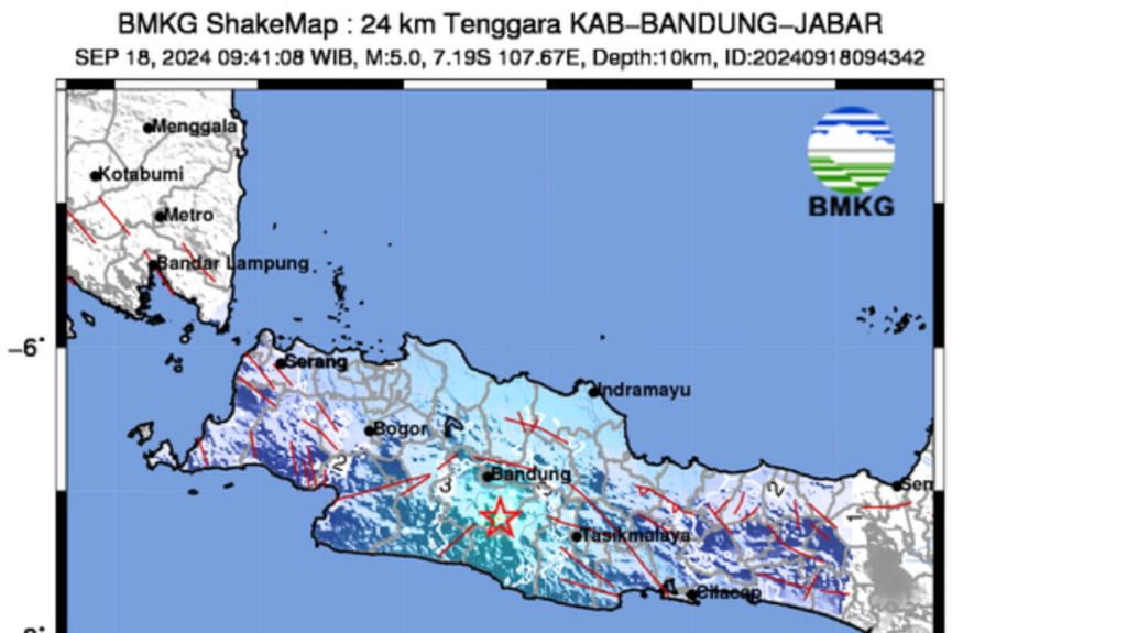 Infografis gempa bumi tektonik berkekuatan 5,0 pada Rabu (18/9/2024) pukul 09.41 WIB di Kabupaten Bandung, Jawa Barat.