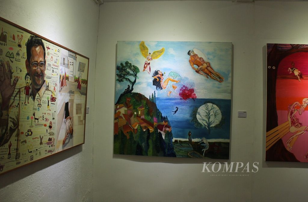 Lukisan karya Syakieb Sungkar dipajang dalam pameran Dreams di Cemara 6 Galeri-Toeti Heraty Museum, Jakarta, (12/6/2023). Pameran yang menampilkan 16 lukisan itu digelar pada 3-17 Juni 2023.