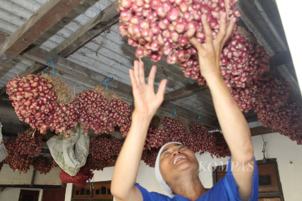 Surmi (51), perempuan buruh tani, menunjukkan hasil panen bawang merah yang digantung di rumahnya di Desa Mekarsari, Kecamatan Patrol, Kabupaten Indramayu, Jawa Barat, Kamis (12/10/2023) siang. Bawang itu berasal dari lahan garapannya di sekitar Pembangkit Listrik Tenaga Uap Indramayu 2.
