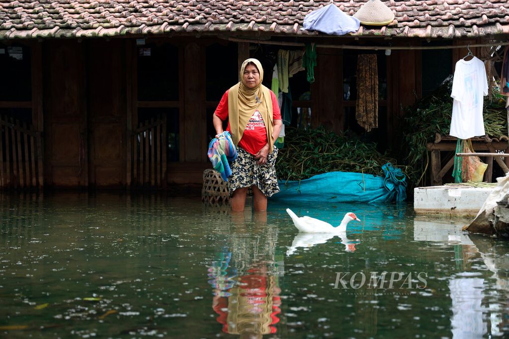 Sarmini bersama entok piaraannya saat berada di rumahnya yang masih tergenang banjir di Desa Kasiyan, Kecamatan Sukolilo, Kabupaten Pati, Jawa Tengah, Kamis (16/3/2023). 