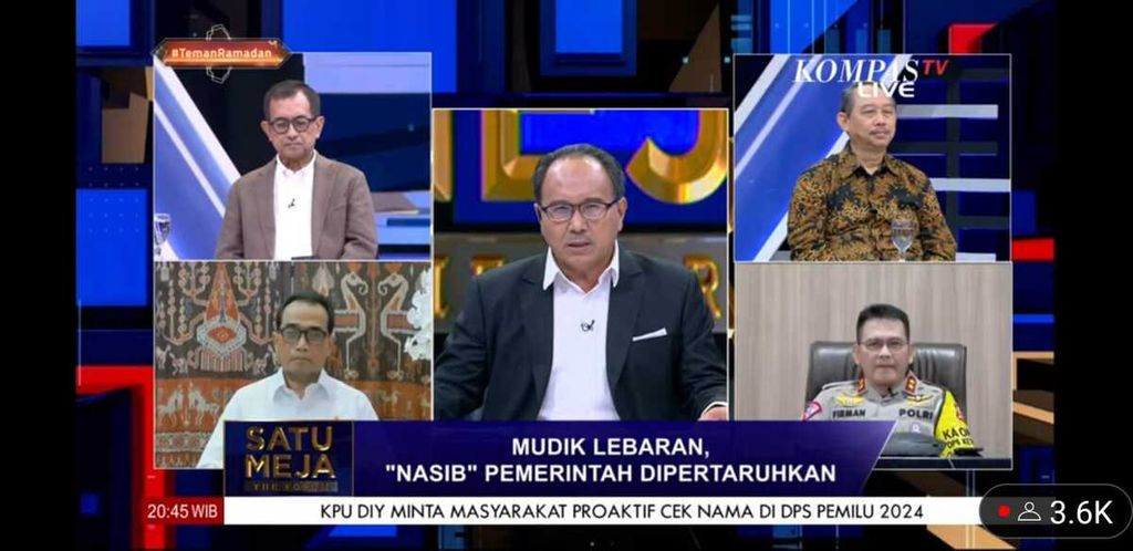 Acara Satu Meja The Forum yang dipandu Wakil Pemimpin Umum Harian <i>Kompas</i> Budiman Tanuredjo di Kompas TV pada Kamis (20/4/2023). Acara ini menghadirkan secara langsung narasumber, yakni pengamat kebijakan publik Agus Pambagyo dan pengamat transportasi Djoko setijowarno. Narasumber yang hadir secara daring adalah Menteri Perhubungan Budi Karya Sumadi, Kepala Korps Lalu Lintas Polri Inspektur Jenderal Firman Santyabudi, Gubernur Sulawesi Selatan Andi Sudirman Sulaiman, dan Gubernur Jawa Tengah Ganjar Pranowo. 