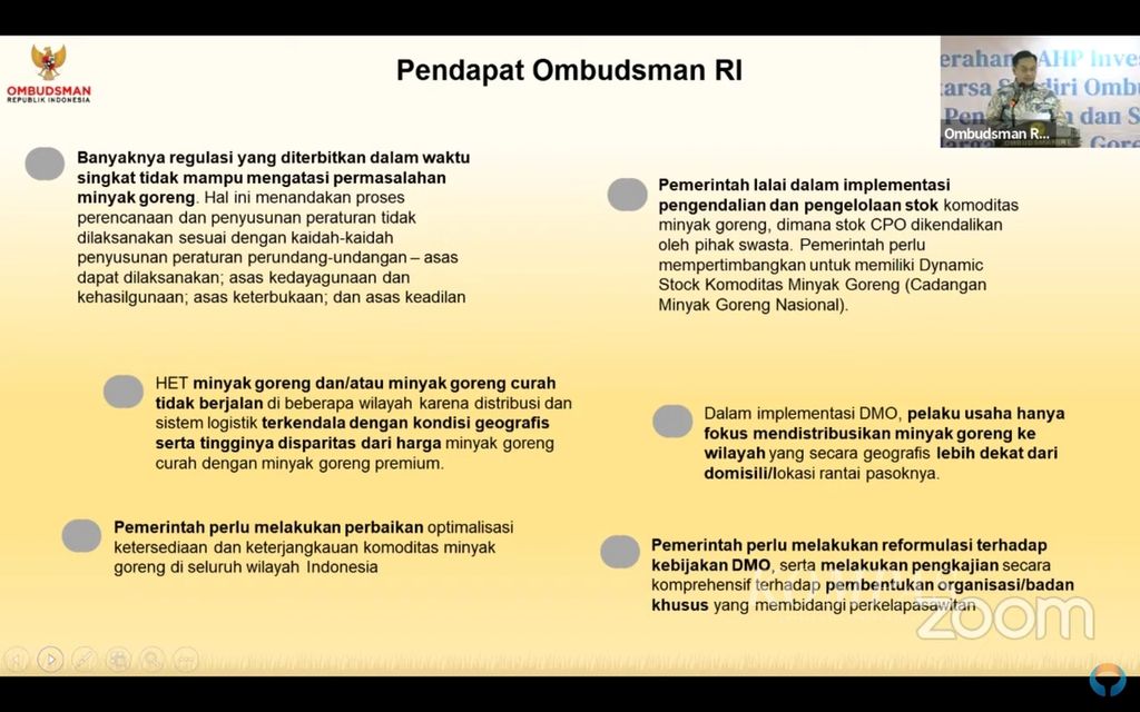 Tangkapan layar anggota Ombudsman RI, Yeka Hendra Fatika, saat menjelaskan tentang Laporan Hasil Akhir Pemeriksaan (LAHP) Investigasi atas Dugaan Malaadministrasi Penyediaan dan Stabilisasi Harga Minyak Goreng yang digelar secara hibrida di Jakarta, Selasa (13/9/2022).