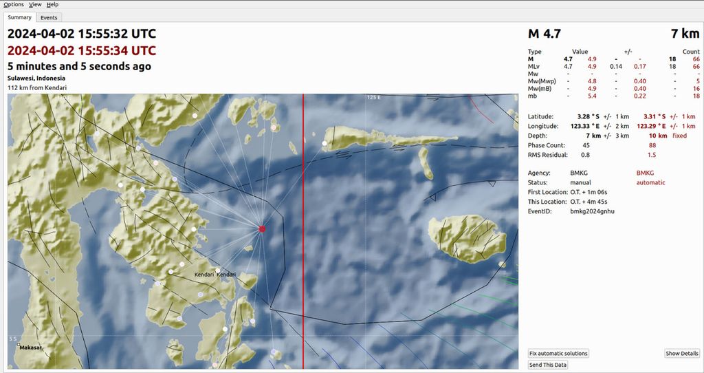 Gempa berkekuatan 4,7 terjadi di perairan Wawonii, Sulawesi Tenggara, pada Rabu (3/4/2024) dini hari. Total lima gempa dangkal terjadi beruntun. 