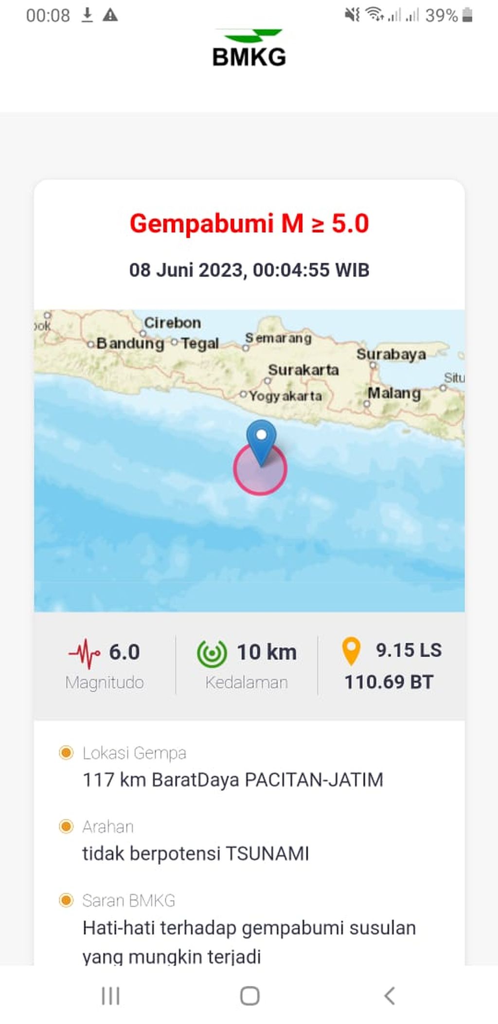 Gempa M 6.0 mengguncang selatan Jawa bagian timur, Kamis (8/6/2023). Sumber BMKG