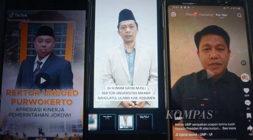 Layar gawai menampilkan video (kiri ke kanan) Rektor Universitas Jenderal Soedirman Purwokerto Akhmad Sodiq, Rektor Universitas Ma'arif NU Kebumen Imam Satibi, dan Rektor Universitas Muhammadiyah Purwokerto Jebul Suroso, Rabu (7/2/2024).