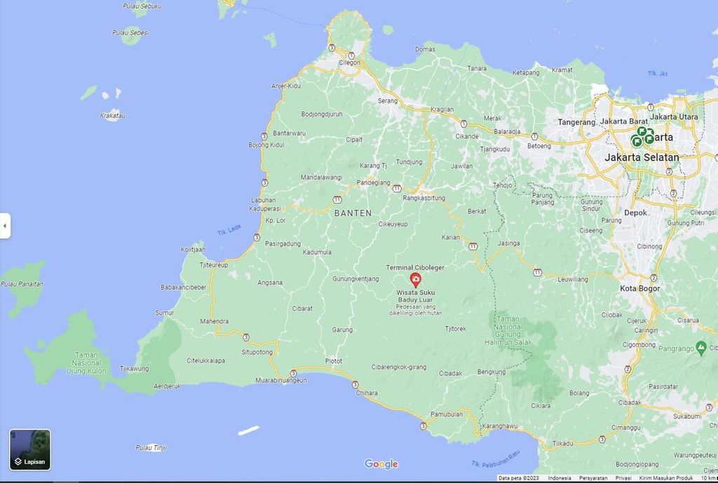 Lokasi Wisata Baduy Luar di Desa Kanekes bersebelahan dengan Terminal Ciboleger (titik merah) di Kabupaten Lebak, Banten.