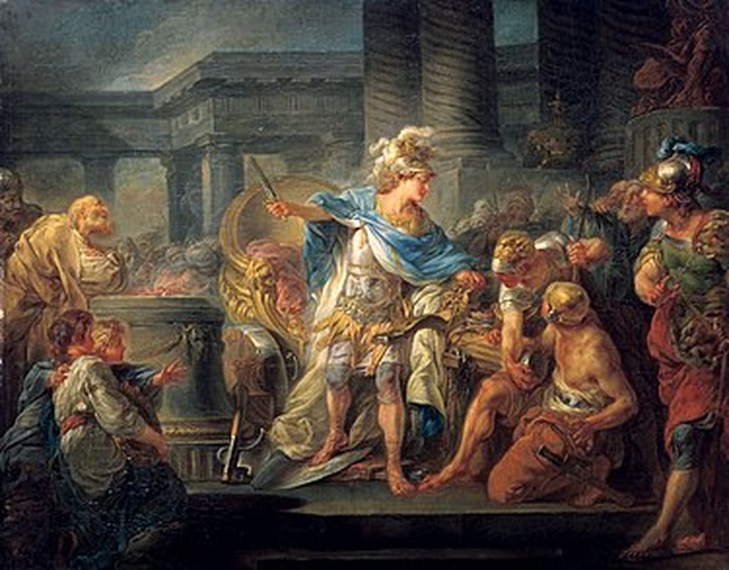 Lukisan Jean-Simon Berthelemy (1743-1811) tentang Alexander The Great cuts the Gordian Knot.
