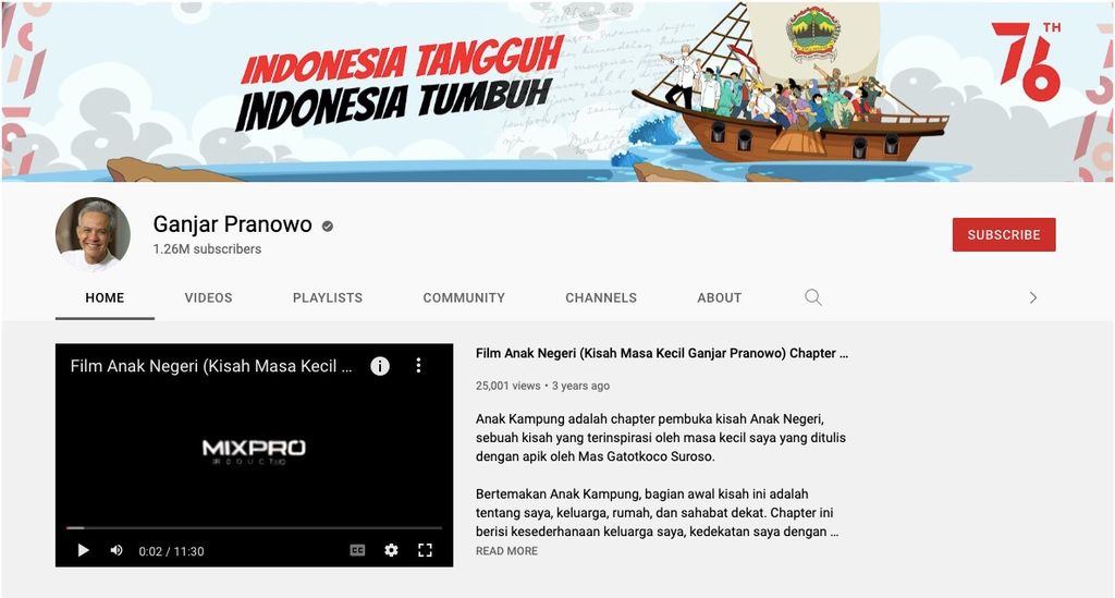 Tangkapan layar akun Youtube Ganjar Pranowo pada Selasa (26/4/2022) sore.