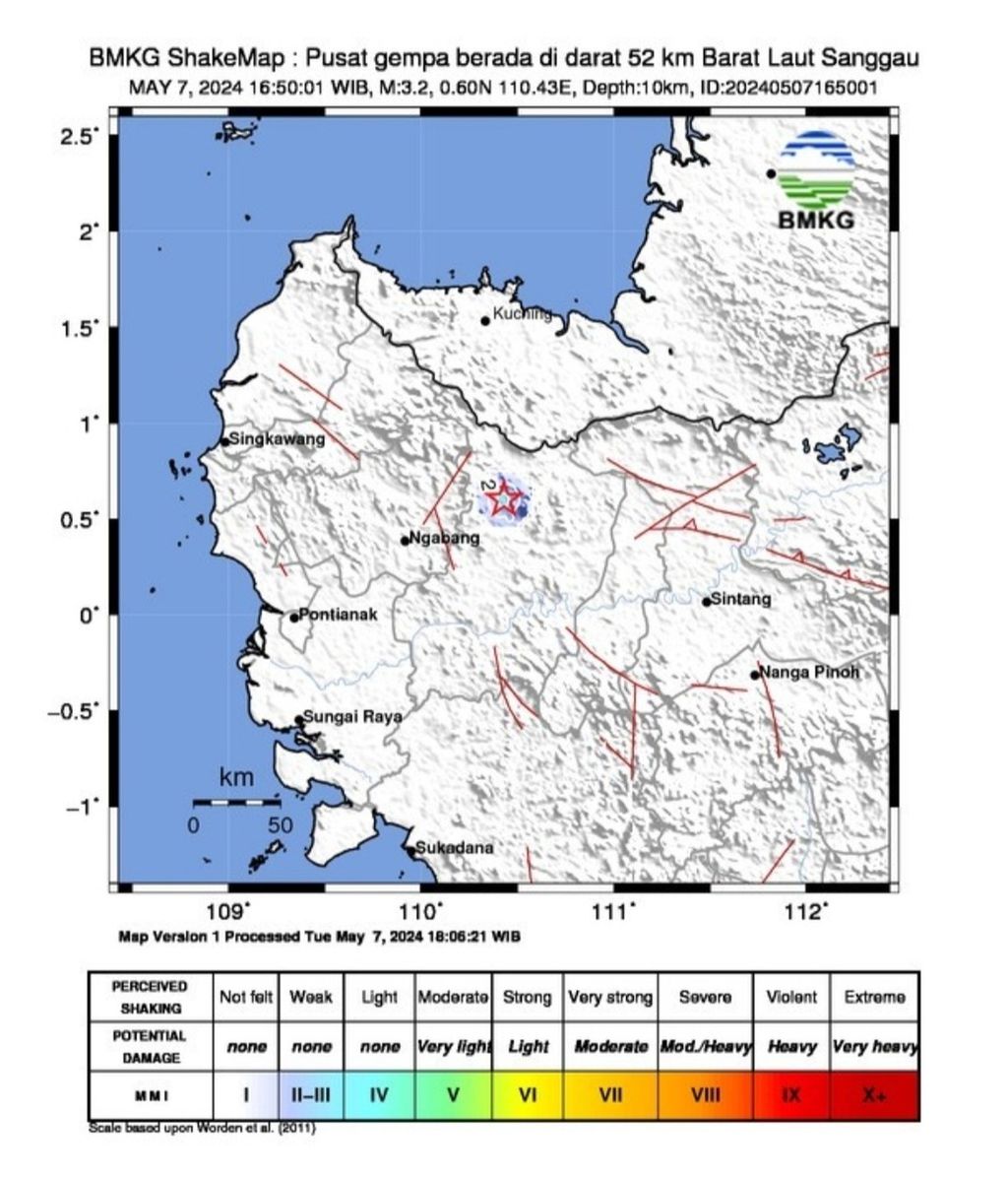 Wilayah yang terkena gempa bumi tektonik di Kalimantan Barat, Senin (7/5/2024).