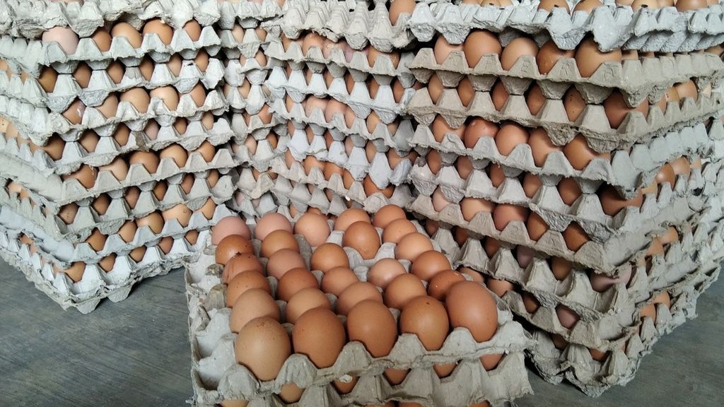 Tumpukan telur ayam di Desa Pohgajih, Kecamatan Selorejo, Kabupaten Blitar, Jawa Timur, yang siap dijual, September 2020.