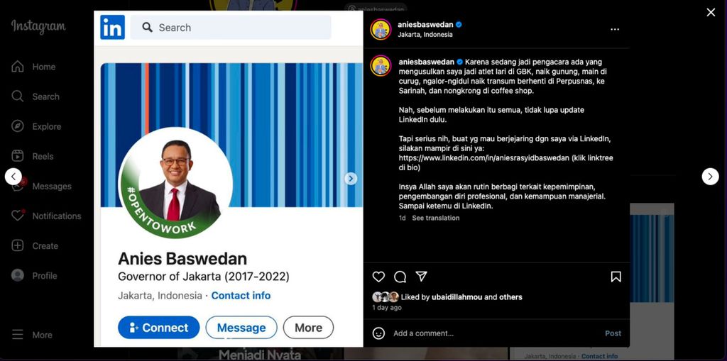 Tankapan layar dari akun Instagram pribadi Anies Baswedan yang membagikan profil LinkedIn dengan dilengkapi tagar Open to Work atau terbuka untuk menerima pekerjaan.