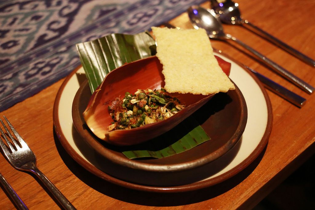 Terancam Gurita menjadi hidangan pembuka di acara National Harmony 2022, Kaum, Jakarta Pusat, Jumat (28/10/2022). Memperingati Sumpah Pemuda restoran Kaum menyediakan set menu dengan cita rasa nusantara. 