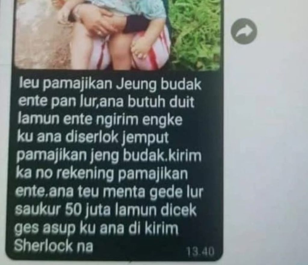Pesan pemerasan dari pelaku penculikan ibu dan anak di Kabupaten Bogor, Jawa Barat. Pelaku meminta tebusan Rp 50 juta kepada keluarga korban.
