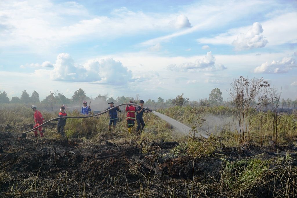 Petugas pemadam kebakaran dan Manggala Agni Kota Palangkaraya memadamkan api yang membakar lahan gambut tipis seluas dua hektar di Jalan Danau Rangas, Kota Palangkaraya, Kalimantan Tengah, awal Oktober 2020. 