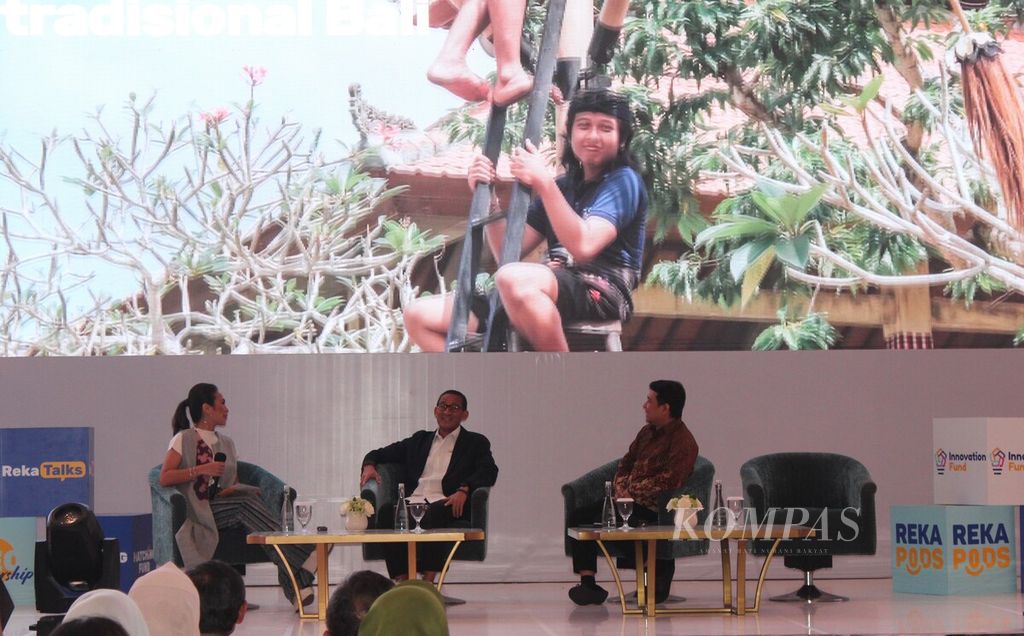 Menteri Pariwisata dan Ekonomi Kreatif Sandiaga Salahuddin Uno menjadi pembicara dalam Seminar RekaTalks 2023 dengan tema Creating Impactful Innovation Through Technology for Sustainable Development, di Jakarta, Senin (14/8/2023).