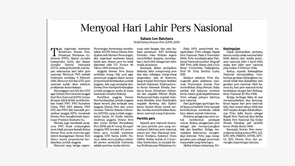 Artikel berjudul "Menyoal Hari Lahir Pers Nasional" karangan Sabam Leo Batubara di harian Kompas, 24 Juli 2018.
