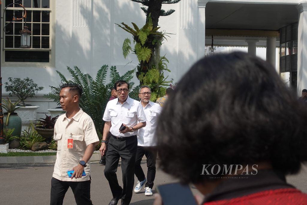 Menteri Hukum dan Hak Asasi Manusia Yasonna H Laoly di kompleks Istana Kepresidenan, Jakarta, Kamis (13/7/2023).