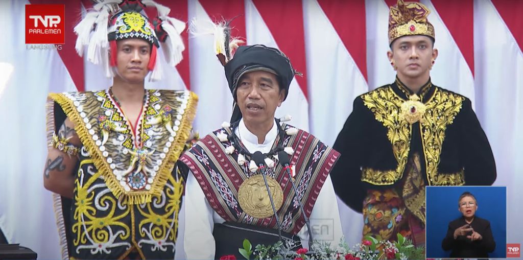 Presiden Joko Widodo menyampaikan pidato kenegaraan dalam rangka Peringatan HUT Ke-78 RI di Kompleks Parlemen, Senayan, Jakarta Pusat, Rabu (16/8/2023).