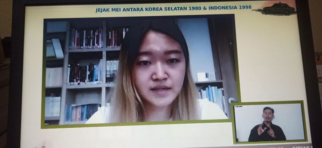 Kim So Hee dari Youth Korean Gwangju International Center berbicara dalam diskusi daring bertema “Jejak Mei antara Korea Selatan 1980 & Indonesia 1998” yang diadakan oleh Komnas HAM, Rabu (25/5/2022).