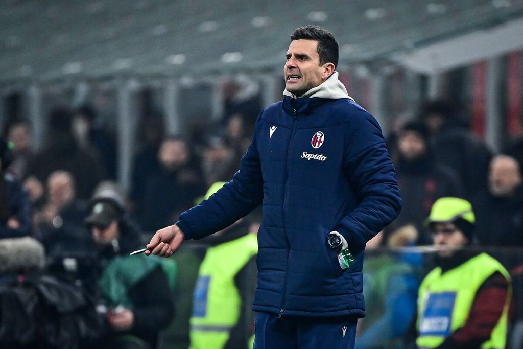 Bologna coach Thiago Motta during the Italian League match between AC Milan and Bologna at San Siro Stadium on January 27, 2024. Motta is said to be replacing Massimiliano Allegri as the coach of Juventus.