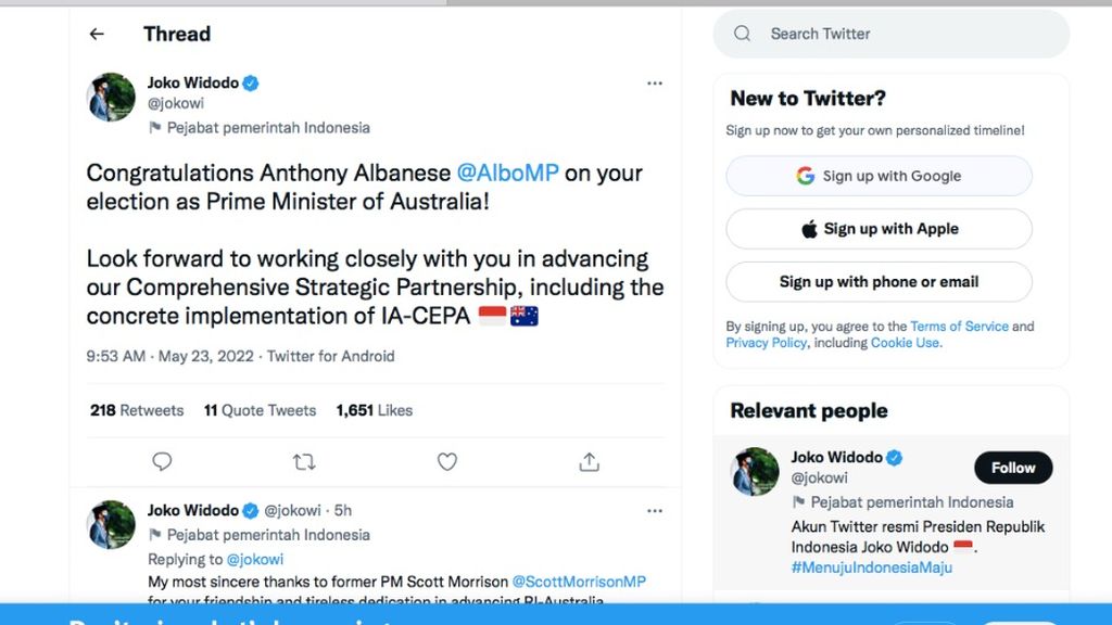 Presiden Joko Widodo mengucapkan selamat atas terpilihnya Perdana Menteri Australia Anthony Albanese melalui akun Twitter @jokowi, Senin (23/5/2022). 