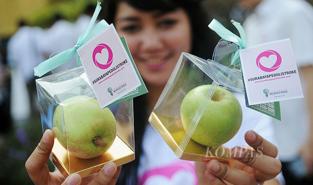 Komunitas Peduli Stroke siap membagikan apel kepada pengendara saat memperingati Hari Stroke Sedunia di depan Monumen Polisi Istimewa, Surabaya, Jawa Timur, akhir Oktober 2014. 